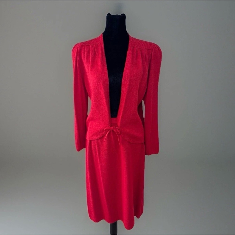 Vtg St John Skirt Set Sz 10 Marie Gray Red Santana Knit Open Cardigan Christmas